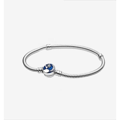 Fijne 925 Sterling Zilveren Armband Blauwe Zirkoon Sluiting Slangenketting Ster Maan Armband Past Originele Kraal Vrouwen Verjaardag Sieraden Cadeau 17cm