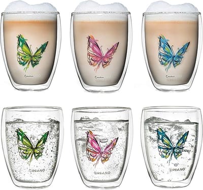 Dubbelwandige glazen koffiemokken, esthetische gedroogde bloemen kopjes met handgrepen, espressokopjes voor cappuccino koffie thee melk, geïsoleerde hittebestendige glazen mok