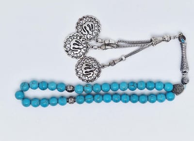 Handgemaakte tesbih klassiek - "Tasbih" natuursteen " Turkoois" - Aantal kralen 33 - Diameter kralen 8 MM - met metaal tassel "Allah" - Een mooi cadeau-idee
