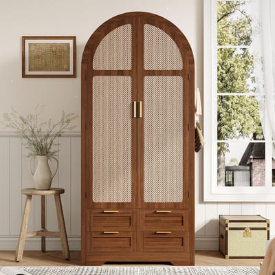 KOMHTOM Moderne kast met gebogen deuren, royale opbergruimte, met kledingroede en laden, luxe kast, geschikt voor slaapkamers en hallen