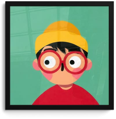 Poster in lijst - Fotolijst 40x40 cm - Posters - Jongen - Cartoon - Bril - Muts - Posterlijst zwart - Decoratie - Wanddecoratie woonkamer - Muurdecoratie slaapkamer - Kerstversiering - Kerstdecoratie voor binnen - Kerstmis