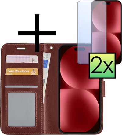 Hoesje - Met 2x Screenprotector - Geschikt voor Apple iPhone 15 - Luxe Pasjeshouder - Bookcase Portemonee - Flip Case - Kunstleer Book Case - Flipcase Hoes - Book Cover - Walletcase - Portemonneehoes - Bruin