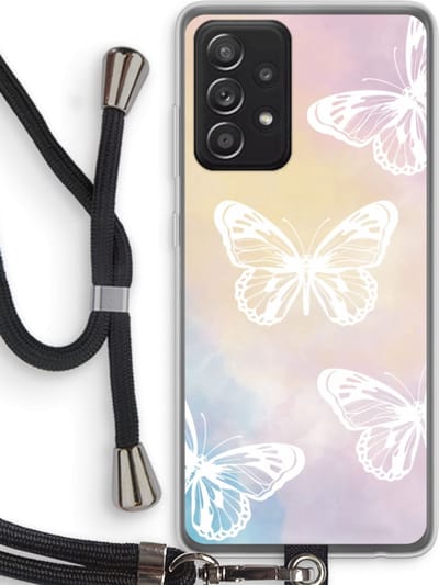 Case Company® - Hoesje met koord geschikt voor Samsung Galaxy A52 hoesje met Koord - White butterfly - Telefoonhoesje met Zwart Koord - Bescherming aan alle Kanten en Over de Schermrand