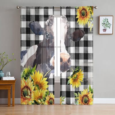 Country Style Koe Zwarte Plaid Tule Gordijnen Keukendeur Gordijn Chiffon Transparante Voile Kerst Gordijnen Voor Woonkamer 135W x 114H(cm) black