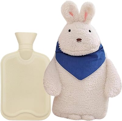 Schattige warmwaterkruik met pluche hoes voor kinderen en volwassenen, ideaal voor koude nachten en pijnverlichting, wit konijn ontwerp