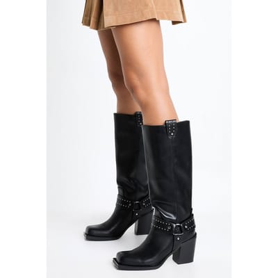 boohoo Dames Western Bikerlaarzen met studsdetails | Zwart | Maat: 36