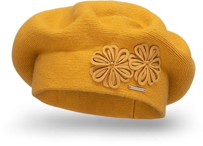 Vivisence Dames Baret - Zachte Wolmix Met Viscose Klassiek Model Met Bloemen Applicatie Rekbaar En Aansluitend - Warme Bescherming Voor Koele Dagen Comfort Voor Dagelijks Draagplezier En Cadeau - Honing