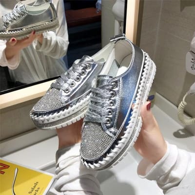 Femmes bout rond en caoutchouc chaussures plates cristal décontracté confortable plate-forme baskets printemps automne strass plate-forme chaussures 36 argenté