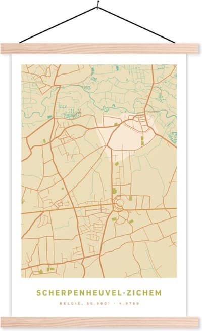 Posterhanger incl. Poster 40x60 cm - Schoolplaat - Plattegrond - Vintage - Retro - Scherpenheuvel-Zichem - Kaart - Stadskaart - Textielposter - Blanke latten - Stadskaart