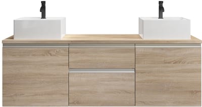 Vente-unique Hangend badkamermeubel met dubbele wastafel - Licht naturel - 150 cm - JIMENA II