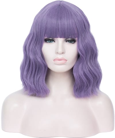 KIMU® Luxe Lila Pruik Schouderlengte - Rechte Pony Krullen - Lichtpaars Paars Festival