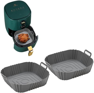 MONOO Airfryer Bakjes Siliconen XL - 2 Stuks - Vierkant Mandje - Bakpapier Alternatief - Accessoires - BPA Vrij - 19,5 x 19,5 CM - Grijs