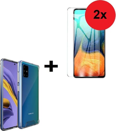 Geschikt voor Samsung Galaxy A71 / A71s Backcover Hard Case TPU hoesje met versterkte randen Transparant + 2X Screenprotector Tempered Gehard Glas (2stuks) Pearlycase