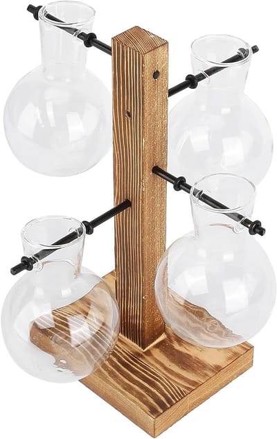 Retro Bloemenvaas met Houten Stand, Elegante Decoratie voor Thuis en Kantoor, Perfect voor Hydroponische Planten en Bruiloften