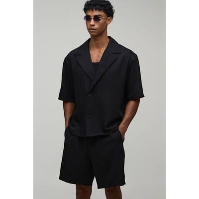 Wrap Linnen-look Shirt & Short Set | Black | Size Small