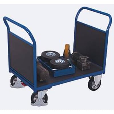 Dubbele kopwandwagen, staal/zeefdrukplaat, gentiaanblauw/donkerbruin, L 1995 x B 800 mm, kopwanden van multiplex, massief rubberen wielen met EasySTOP, 1000 kg