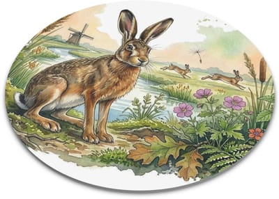 Ronde Muismat Haas in Hollands Landschap "Aquarel Series" - Natuur Illustratie met Molen & Veldbloemen - Unieke Bureau Accessoires & Kantoorartikelen - Verrassend Cadeau voor haar: Vrouw, Vriendin & Collega - Werkplek Decoratie
