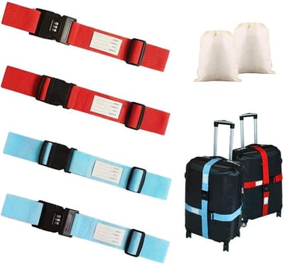 Verstelbare Bagagestraps Set van 4, Stevige Luggage Straps met Slot en Naamlabel, Inclusief 2 Opbergzakken voor Gemakkelijk Identificeren en Opslaan van Koffers, Verkrijgbaar in 2 Kleuren