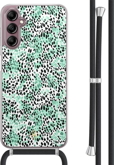 Casimoda® hoesje met koord - Geschikt voor Samsung A14 - Luipaard Mint - Afneembaar koord - TPU/acryl - Mint