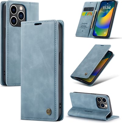 Casemania Hoesje Geschikt voor Apple iPhone 14 Pro Aqua Blue - Dunne Portemonnee Book Case - Slim Wallet Case met Pasjeshouder
