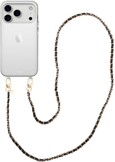 xoxo Wildhearts siliconen hoesje geschikt voor iPhone 17 Pro - Classic Chain - Black (lang koord) - Telefoonhoesje - Hoesje met koord - Schakelketting - Lang telefoonkoord - Zwart met goud - Transparant hoesje