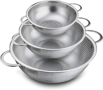 Famanu – Keukenzeef set van 3, roestvrij staal, microgeperforeerd met handgrepen, voor afdruipen en wassen van pasta, rijst en groenten
