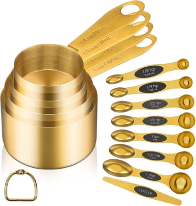 SnelShoppen - Set van 12 Magnetische Maatlepels en Maatbekers - Gouden Magnetische Maatlepels met Niveleur - RVS Maatbekers voor Droge en Vloeibare In