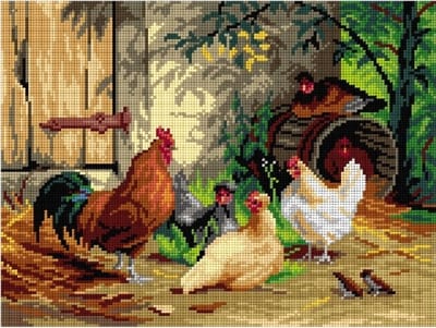 Voorbedrukt stramien om te borduren - ORCHIDEA - Kippen voor de stal - 30 x 40 cm (ZONDER GARENS)