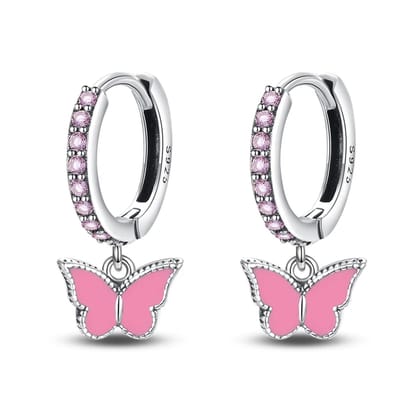 Oorbellen meisje vlinder - zilver kleurig - glitter - roze - glinster