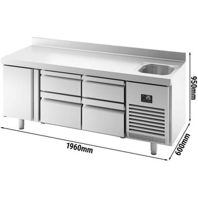 GGM Gastro Kühltisch Premium PLUS - 1960x600mm - mit 1 Becken, 1 Tür, 4 Schubladen - Aufkantung