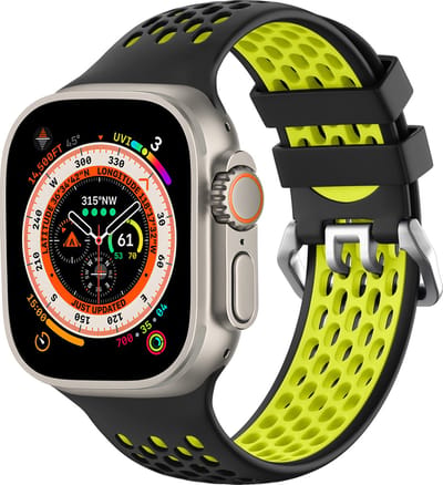 Strap-it Sportbandje met gesp - Geschikt voor Apple Watch bandje - Series 1/2/3/4/5/6/7/8/9/10/11/SE/SE2/SE3 - Zwart/Geel - Siliconen bandje voor sport - Loop iWatch bandje maat: 38 / 40 / 41 / 42mm