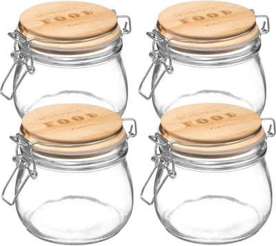 5Five Weckpot/voorraadpot - 4x stuks - 500 ml - glas - houten deksel en beugelsluiting - luchtdichte afsluiting