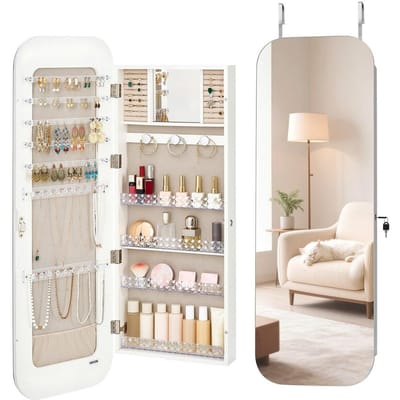 Spiegel Sieradenkast, 1080 mm Hoog, Volledige Lengte Spiegel met Opbergruimte, Wandmontage/Over de Deur Sieradenkast Organizer, Afgerond Ontwerp, Afsluitbaar