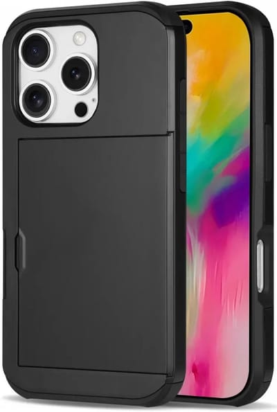 Hoesje met Kaarthouder Slider Geschikt voor Apple iPhone 16 Pro Max | Back Cover Pasjeshouder Achterkant | Kaarthouder voor Twee Pasjes | Zwart