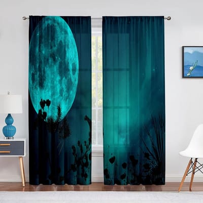 Volle Maan Fantasie Sterrenhemel Nachtscène Tule Gordijnen voor Woonkamer Slaapkamer Keuken Decor Transparant Voile Gordijn Organza Draperieën 1 PCS W100XH250cm&Grommet Top