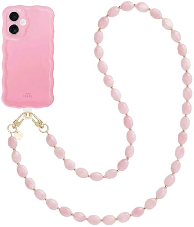 xoxo Wildhearts Glossy Wavy Case Bubble Blush - Ocean Blush (lang koord) - geschikt voor iPhone 17 - hoesje met telefoonkoord - afneembaar koord - Kralenketting - lang telefoonkoord - hoesje met golven - Roze