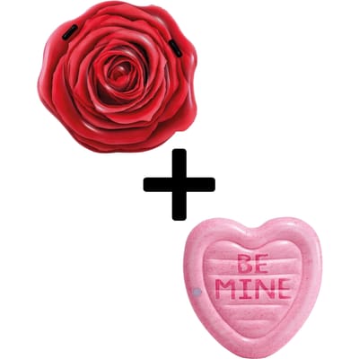 Intex Waterplezier Relaxset, Candy Heart Luchtbed en Rode Roos Luchtbed, Hartvormig en Bloemvormig Design, Voor Zwembad en Strand, Roze Rood