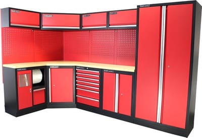 Kraftmeister werkplaatsinrichting - Werkbank met 4 wandkasten, 1 werkplaatskast en multiplex werkblad - Werktafel met 7 laden, 2 opbergkasten, 1 prullenbak en gereedschapswand - Complete set voor werkplaats of garage - Rood