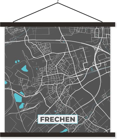 Posterhanger incl. Poster 60x60 cm - Schoolplaat - Frechen – Stadskaart – Blauw – Plattegrond – Stadskaart – Kaart - Duitsland - Textielposter - Zwarte latten - Stadskaart