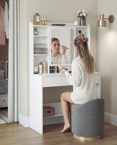 Bobbel Home - Witte Kaptafel met LED Spiegel – Moderne Make-up Tafel met 2 Laden en Opbergplanken