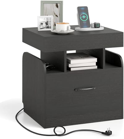 COSTWAY Nachtkastje met 2 stopcontacten, 1 USB, 1 Type-C, geheim vak, bijzettafel met lade, nachtkastje met open vakken, salontafel voor woonkamer, slaapkamer, 50 x 40 x 55 cm (Zwart)
