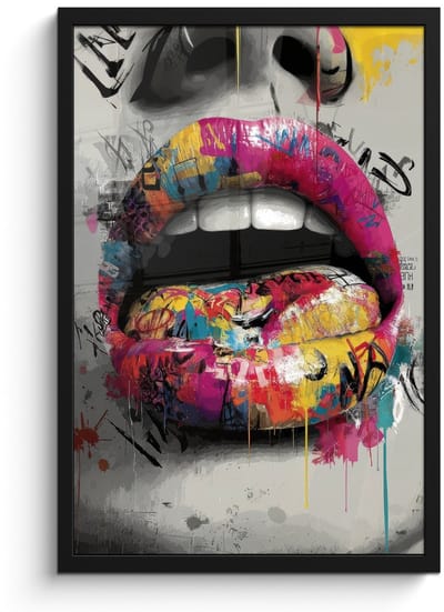 Poster in lijst - Fotolijst 40x60 cm - Posters - Lippen - Graffiti - Expressief - Posterlijst zwart - Decoratie - Wanddecoratie woonkamer - Muurdecoratie slaapkamer