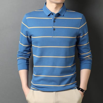 Lente Nieuw Katoen Knappe Heren Lange Mouw Polo Kraag Strepen T-shirt Trendy Casual Mode Heren T-shirt XXXL