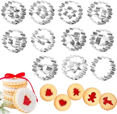 11 stuks Cookie Cutters, Mini Kerst Cookie Cutters Set, RVS Hollow Biscuit Cutters Cookie Mallen voor Feest Bakken DIY Fondant