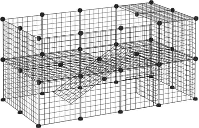 PawHut Freigehege Laufgitter DIY Welpenlaufstall Gittergehege für Kleintier aus Metallgitter Absperrgitter Kleine Haustiere Laufstall für Innen 36 Platten Schwarz 146 x 73 x 73 cm