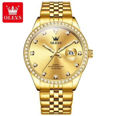 HO-3629.g : Olevs goudkl edelstaal quartz horloge, diamantzirkonia's, loep, kalenderdag