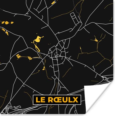 Poster Black en gold - Stadskaart - Le Rœulx - Plattegrond - Kaart - 100x100 cm XXL