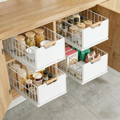 4 stuks Uittrekbare lade voor de keuken, lade-organizer met laderails en houten handvat, metalen telescopische lade, zonder boren, (40L x 25B x 18H cm)