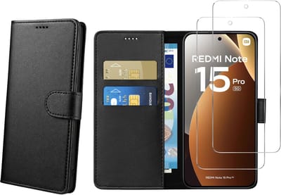 Coque pour Xiaomi Redmi Note 15 Pro 5G et 2 Verres Trempé - Portefeuille Noir Rabat Clapet Aimanté Rangement Cartes Phonillico®