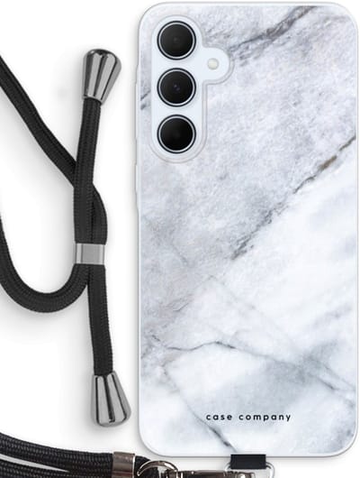 Case Company® - Hoesje met koord geschikt voor Samsung Galaxy A35 hoesje met Koord - Witte marmer - Telefoonhoesje met Zwart Koord - Bescherming aan alle Kanten en Over de Schermrand